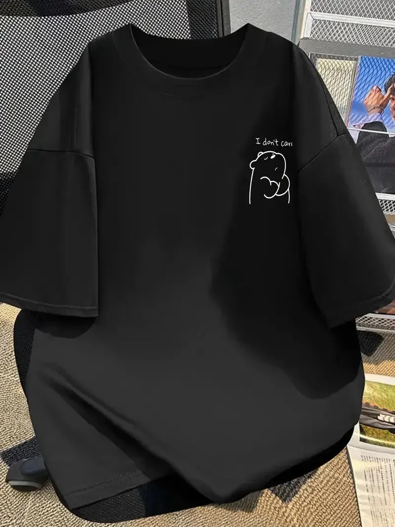 [Günlük T-Shirt] Hafif Kadın Günlük T-Shirt | Bol Kesim, Kısa Kollu, Yuvarlak Yaka, Eğlenceli Karikatür Ayı ve "Umrumda Değil" Baskı - Günlük Stil, İlkbahar/Yaz- Siyah