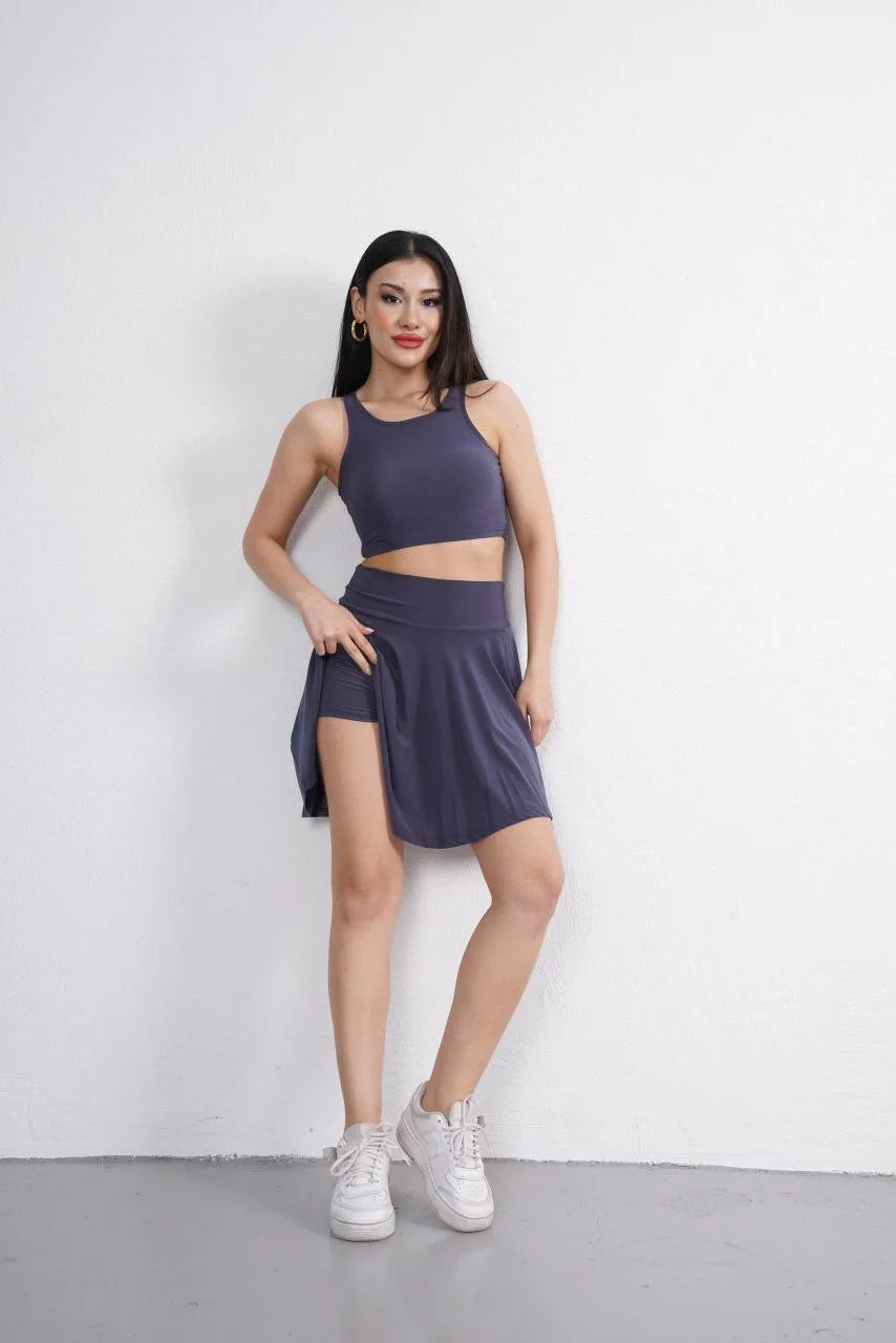 Sendy Kumaş Bisiklet Yaka Crop Şortlu Etek ikili Takım - Antrasit