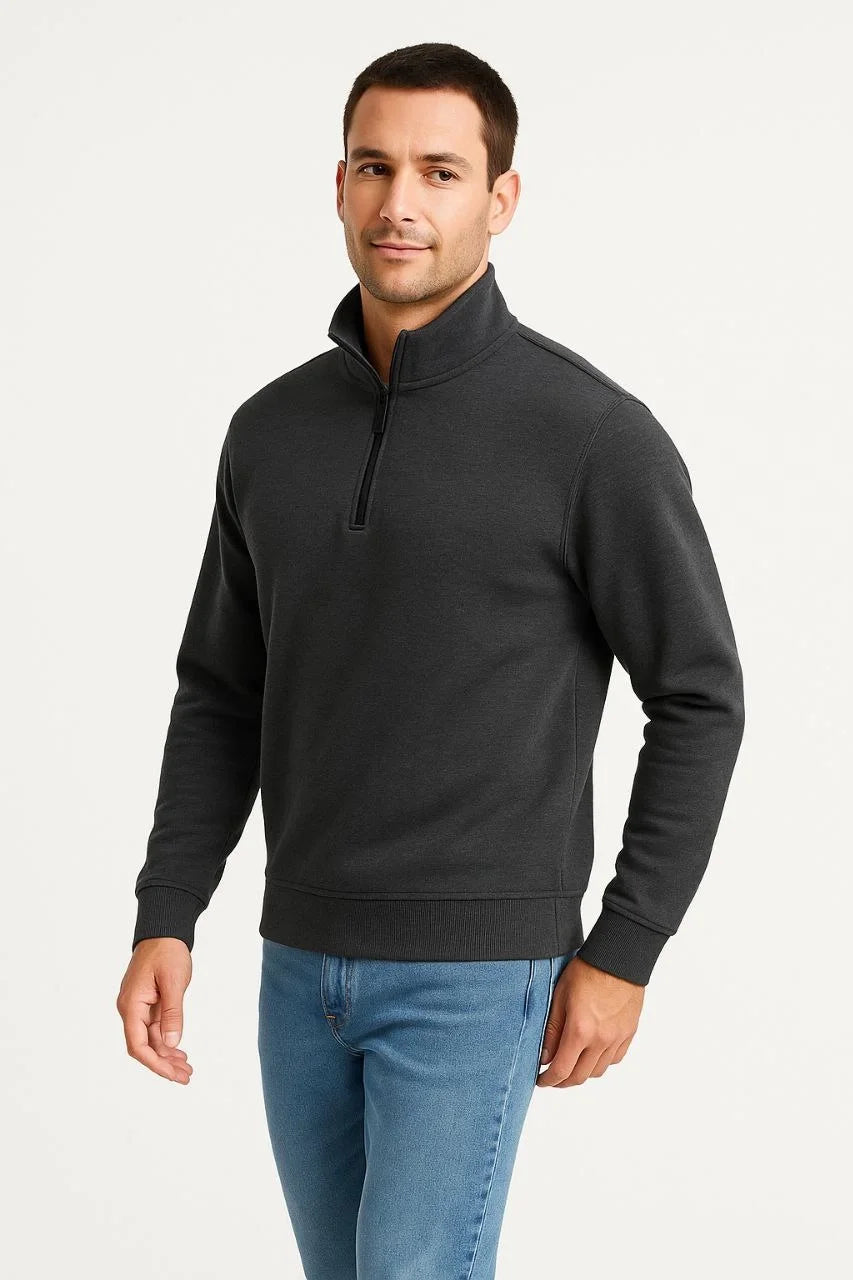 Erkek Dik Yaka Sweatshirt Dik Yaka Yarım Fermuarlı 3 İplik Şardonlu Pamuk Kumaş - Antrasit