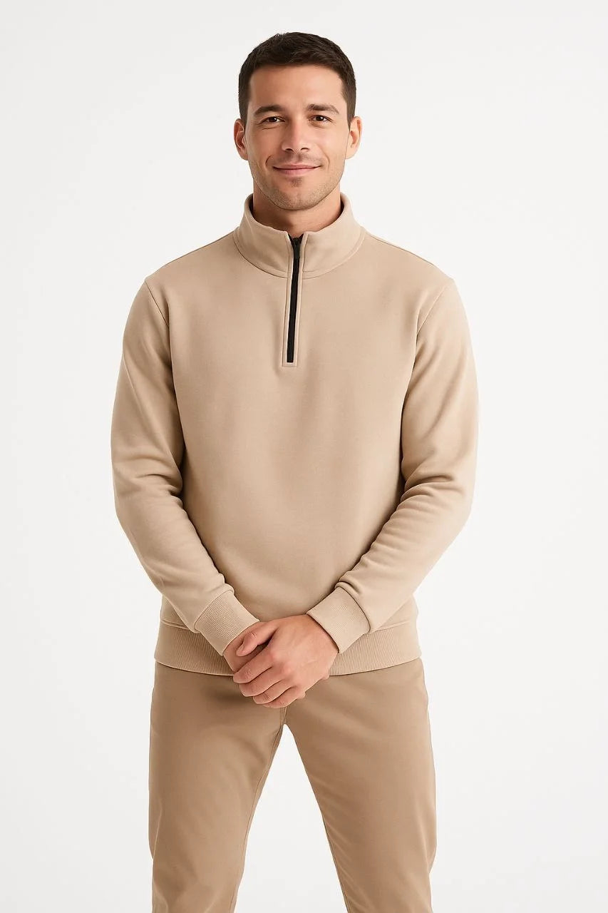 Erkek Dik Yaka Sweatshirt Dik Yaka Yarım Fermuarlı 3 İplik Şardonlu Pamuk Kumaş - Bej