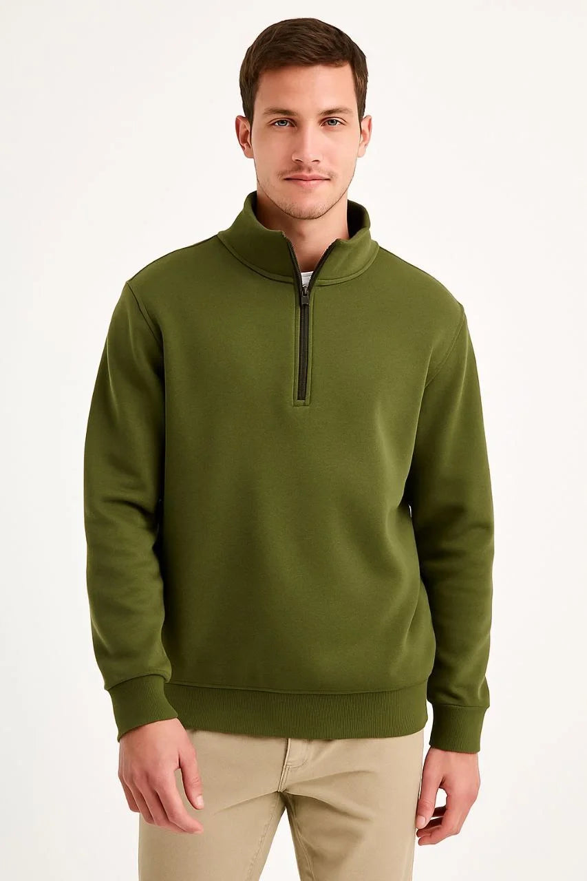 Erkek Dik Yaka Sweatshirt Dik Yaka Yarım Fermuarlı 3 İplik Şardonlu Pamuk Kumaş - Haki