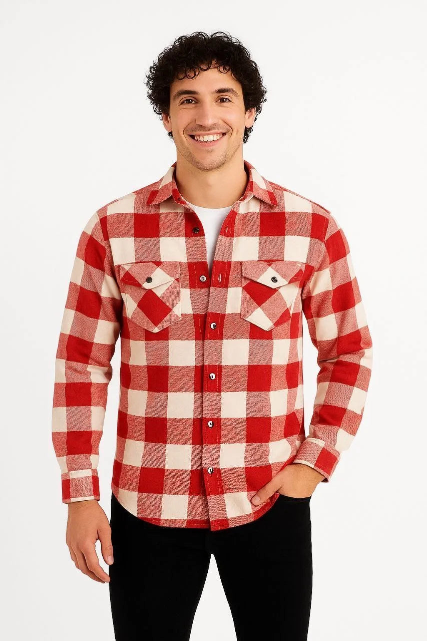 Erkek Oduncu Gömlek – Uzun Kollu, Şardonlu Kumaş, Kareli Desen, Regular Fit, Manşetli, Çift Cepli, Rahat Günlük Bahar & Kış Stil - Kırmızı
