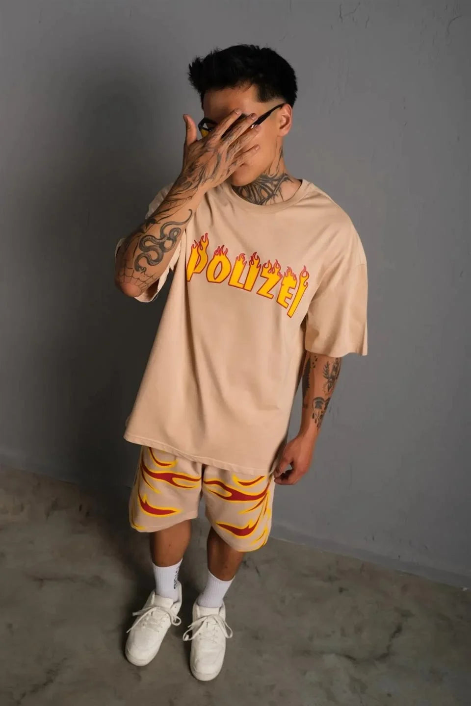 Erkek Alev Baskılı İkili Şortlu Takım - Bej