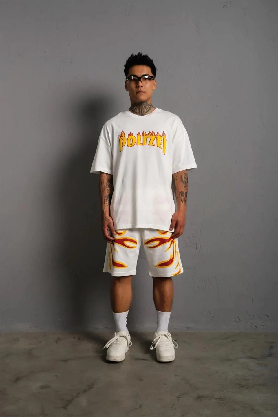 Erkek Alev Baskılı İkili Şortlu Takım - Beyaz