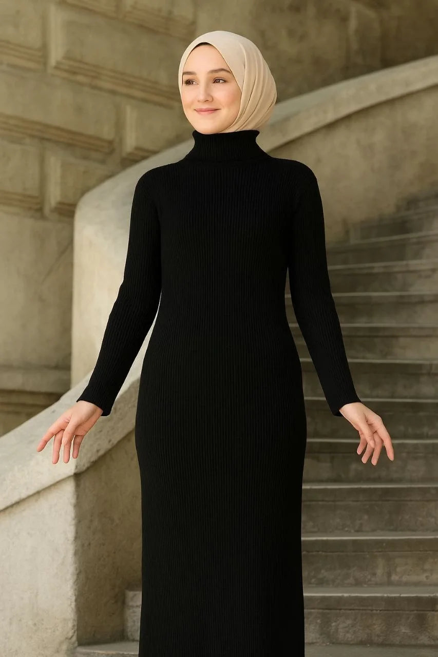 Kadın Tesettür Triko Elbise – Boğazlı Uzun Fitilli Dokuma, Esnek Tam Kalıp, 130 cm Midi Boy, Bahar & Kış Şık Rahat Stil - Siyah