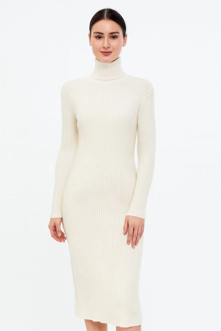 Kadın Boğazlı Triko Elbise – Uzun Fitilli Esnek Dokuma, Tam Kalıp, Kışlık & Baharlık Şık Rahat Stil, 130 cm Midi Boy Elbise - Beyaz