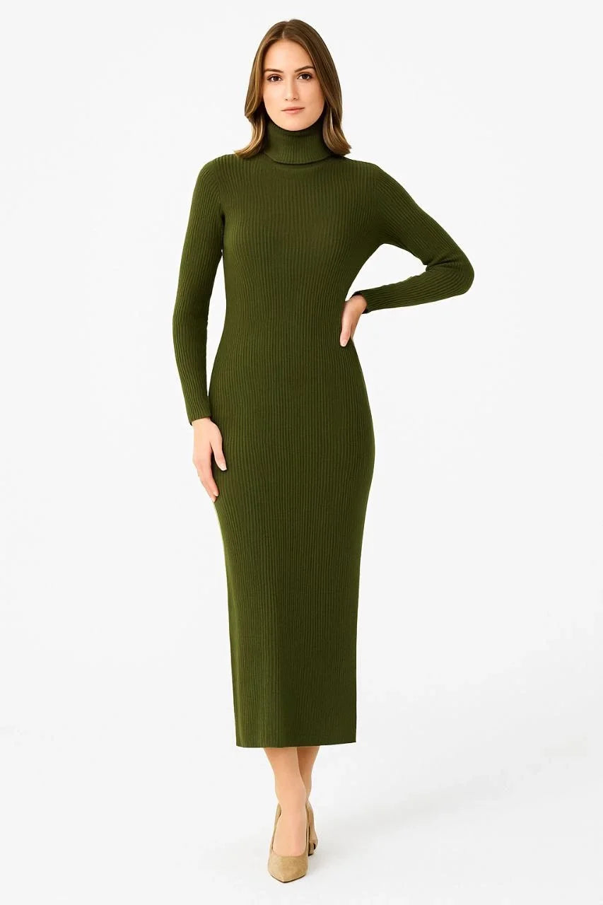Kadın Boğazlı Triko Elbise – Uzun Fitilli Esnek Dokuma, Tam Kalıp, Kışlık & Baharlık Şık Rahat Stil, 130 cm Midi Boy Elbise - Haki