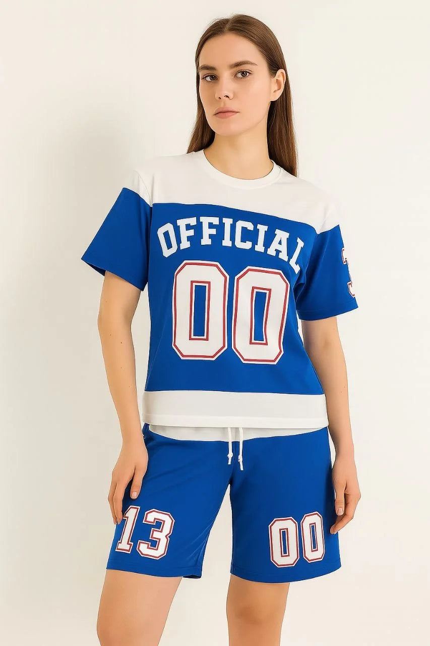 Kadın Şortlu Takım – Oversize İki İplik Kumaş, Ön & Arka Dijital Baskılı Tişört ve Lastikli Cepli Şort, Yazlık Günlük Spor Set - Mavi