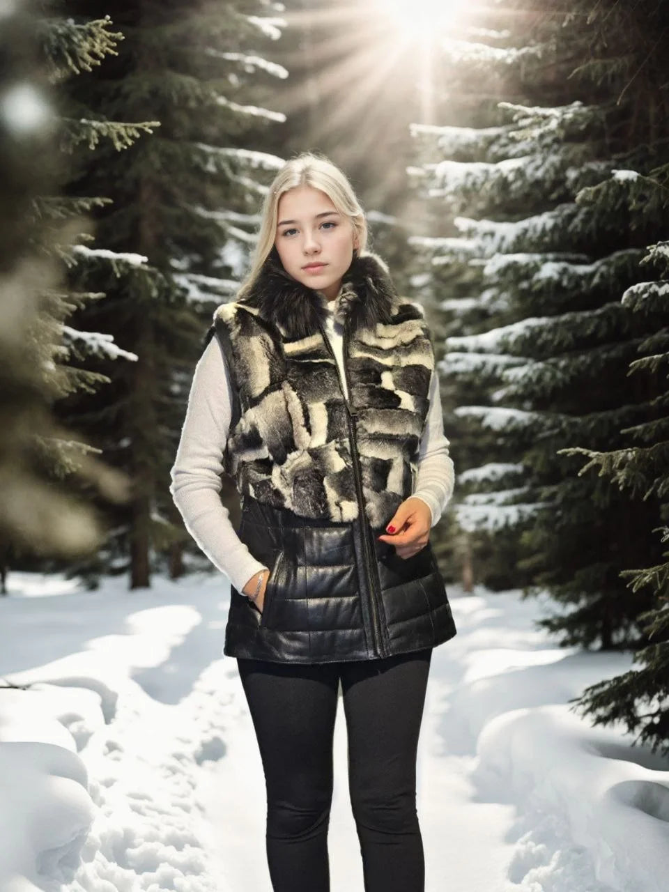 Kadın Kolsuz Hakiki Deri Kürk - Siyah