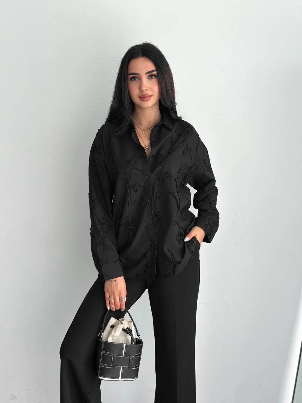 Kadın Nakışlı Uzun Kollu Gömlek - Siyah