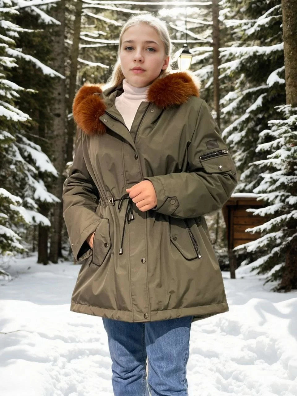 Kadın Su Geçirmez Kapüşonlu Mont - Haki