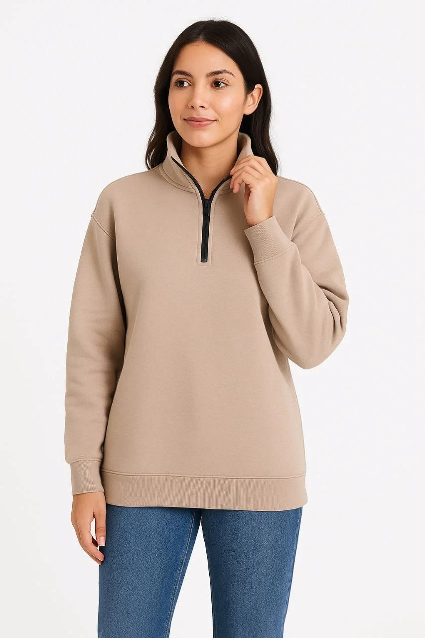 Kadın Üç İplik Dık Yaka Yarım Fermuarlı SweatShirt - Bej