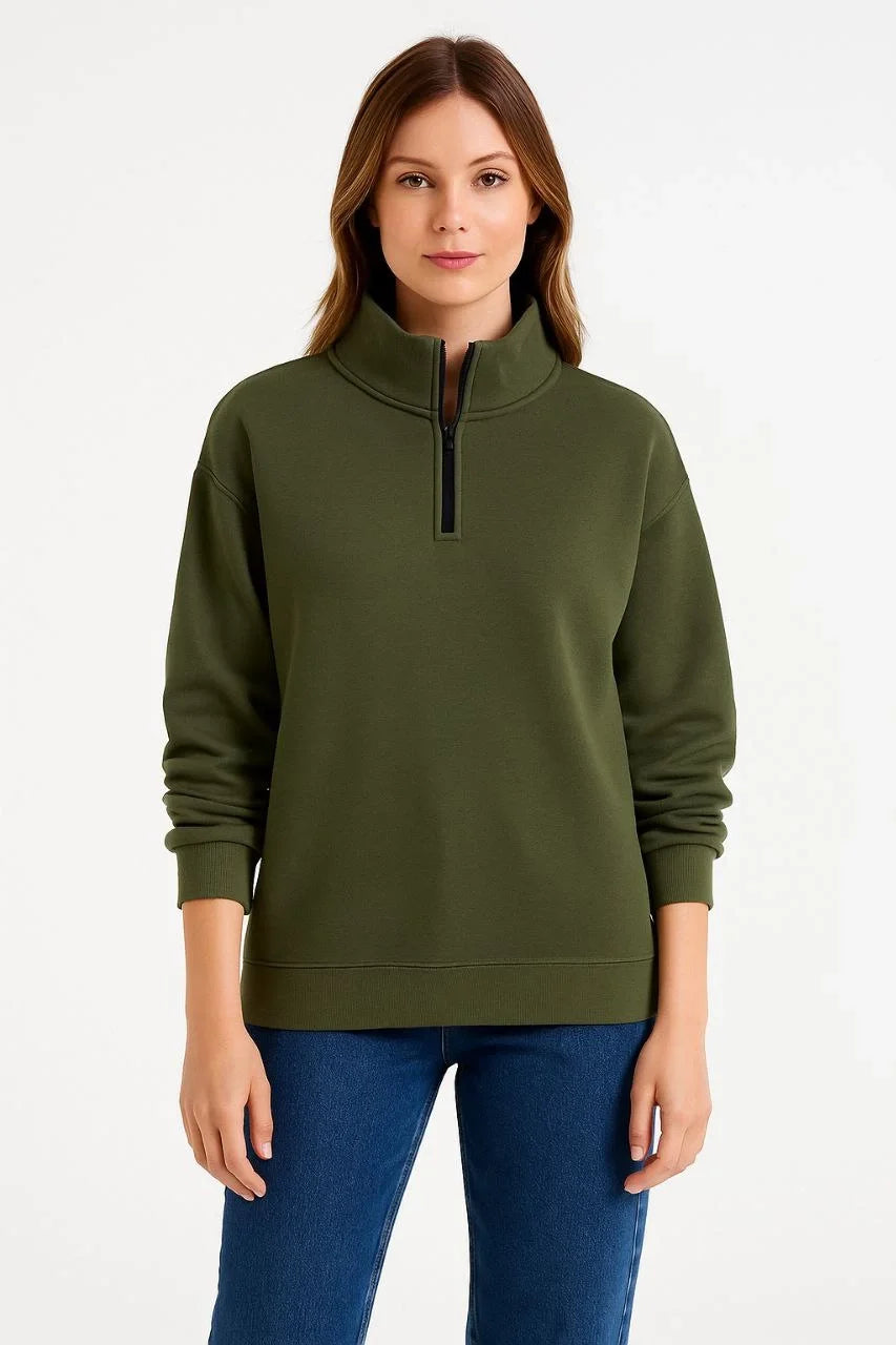Kadın Üç İplik Dık Yaka Yarım Fermuarlı SweatShirt - Haki
