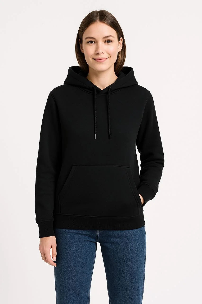 Kadın Üç İplik Kapüşonlu Kanguru Cepli Sweatshirt hoodie - Siyah