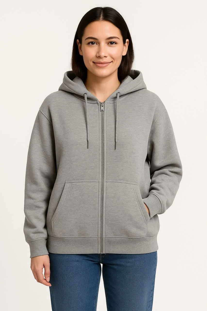 Kadın Üç İplik Kapüşonlu Tam Fermuarlı Kanguru Çepli SweatShirt Hoodie - Gri
