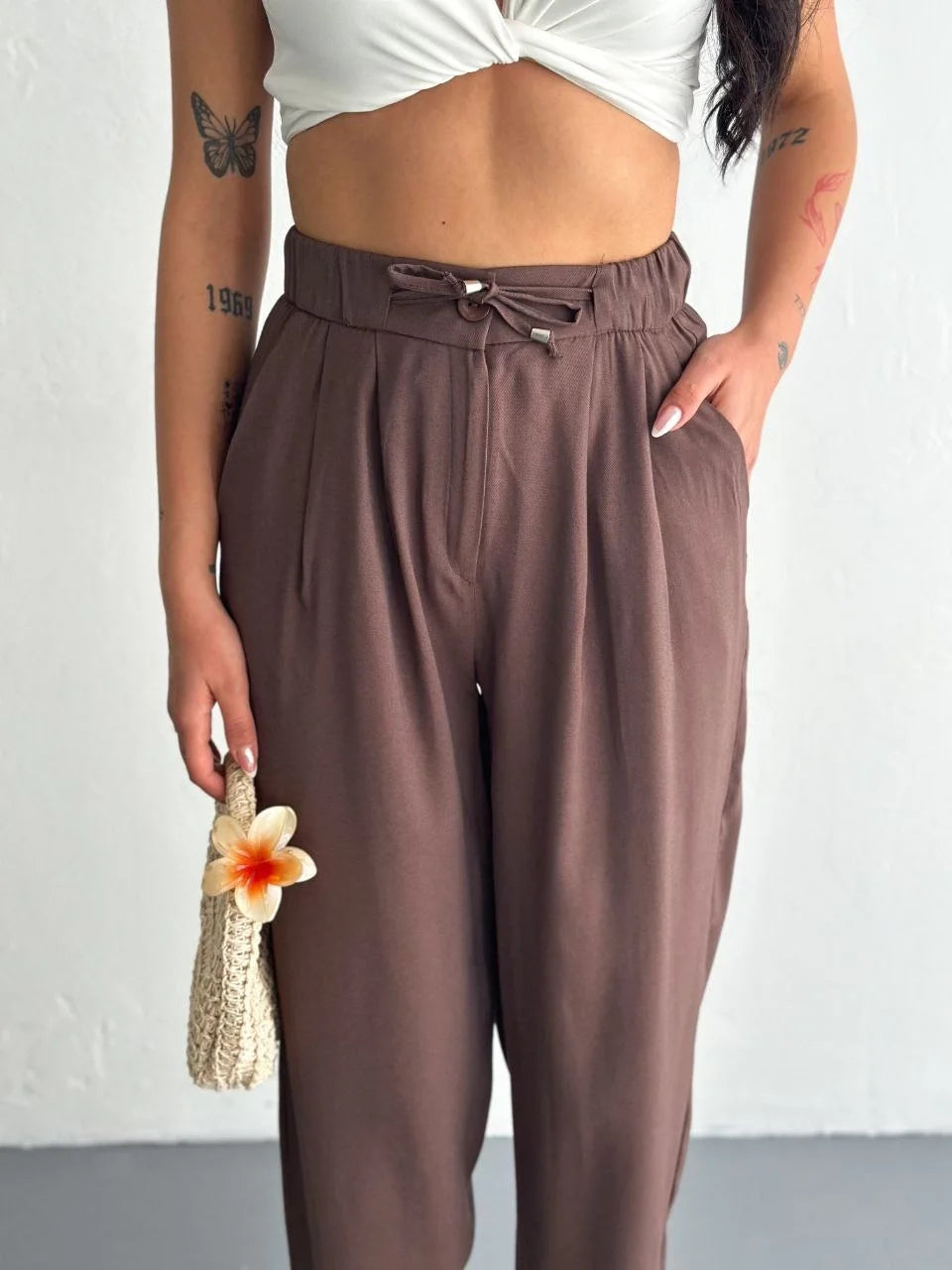 Kadın Yüksel Bel Rahat Boru Paça Pantalon - Kahverengi