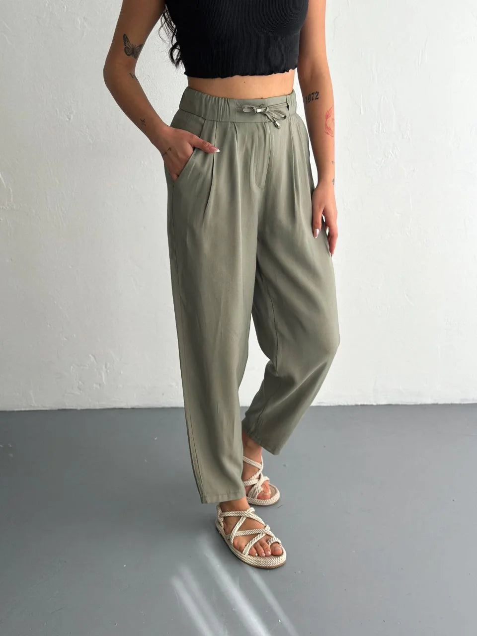 Kadın Yüksel Bel Beli Bağcıklı Cepli Rahat Paça Pantalon - Su Yeşili