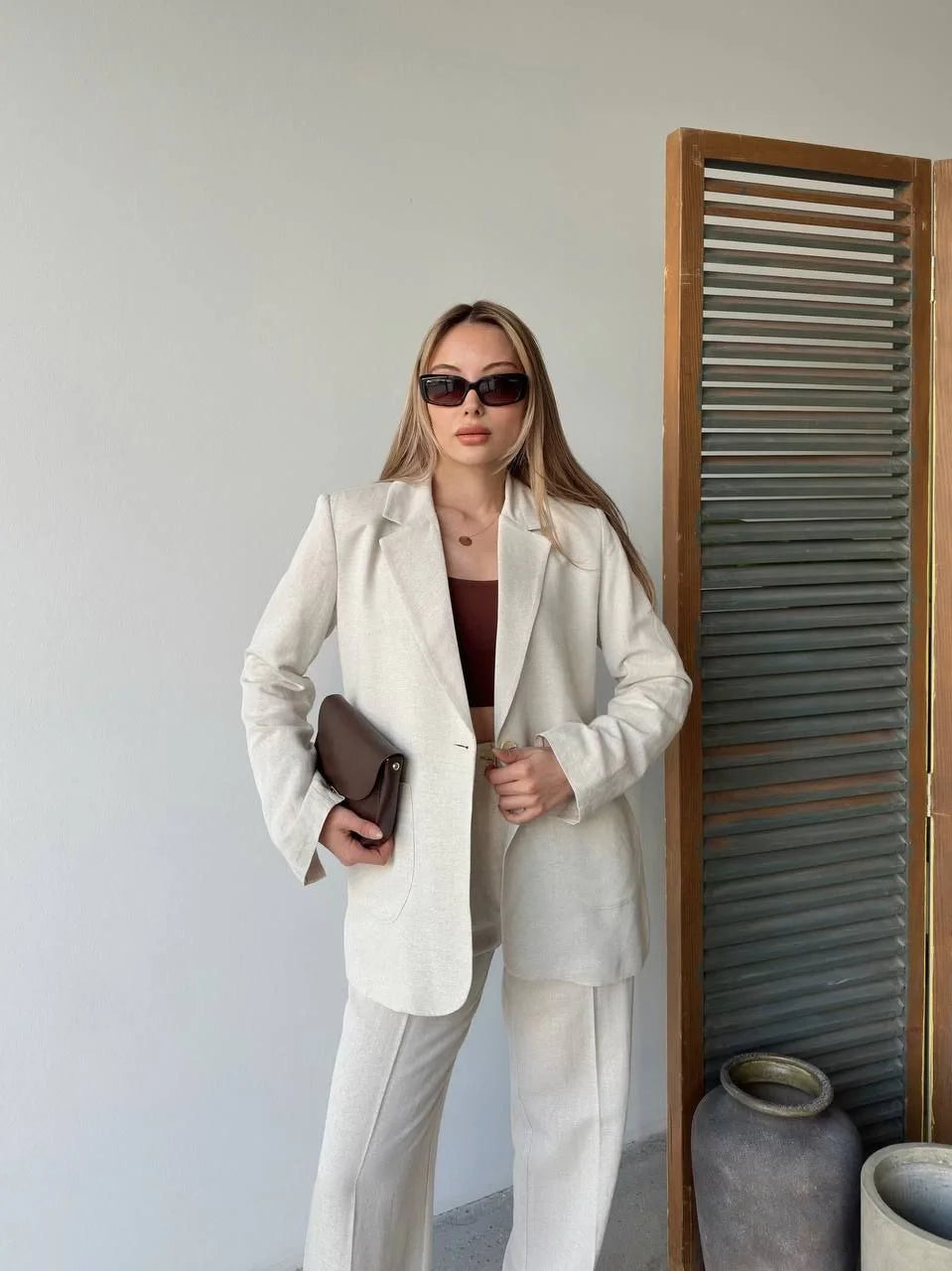 Keten Ceket Pantolon İlik Düğmeli Uzun Kollu Yırtmaçlı ikili Takım - Beyaz