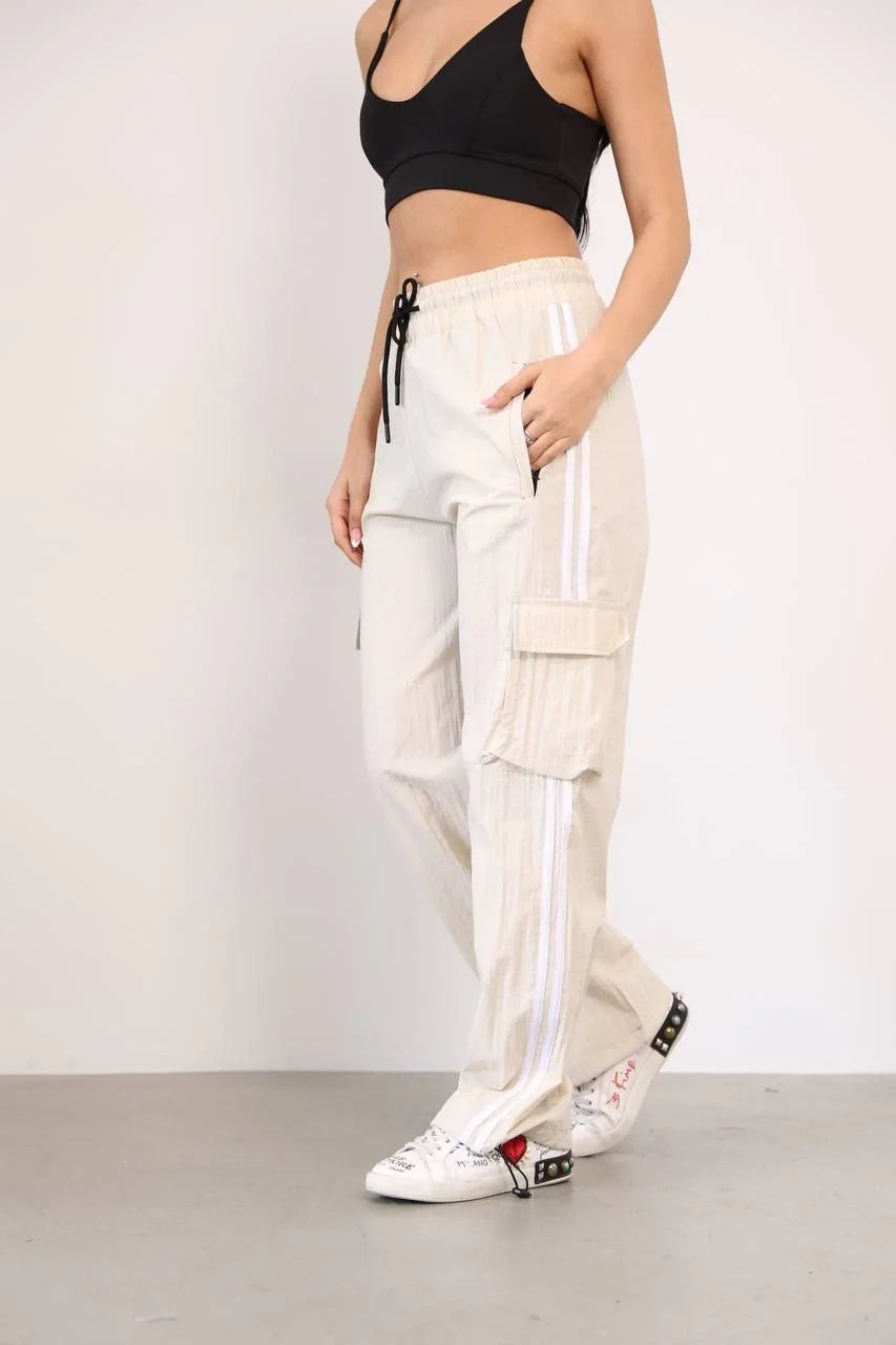 Paraşüt Kumaş Kargo Ceplı Baggy Eşofman - Bej