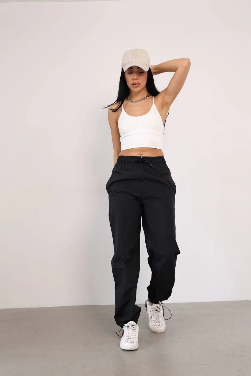 Paraşut Kumaş Paça Cepli Baggy Eşofman - Siyah