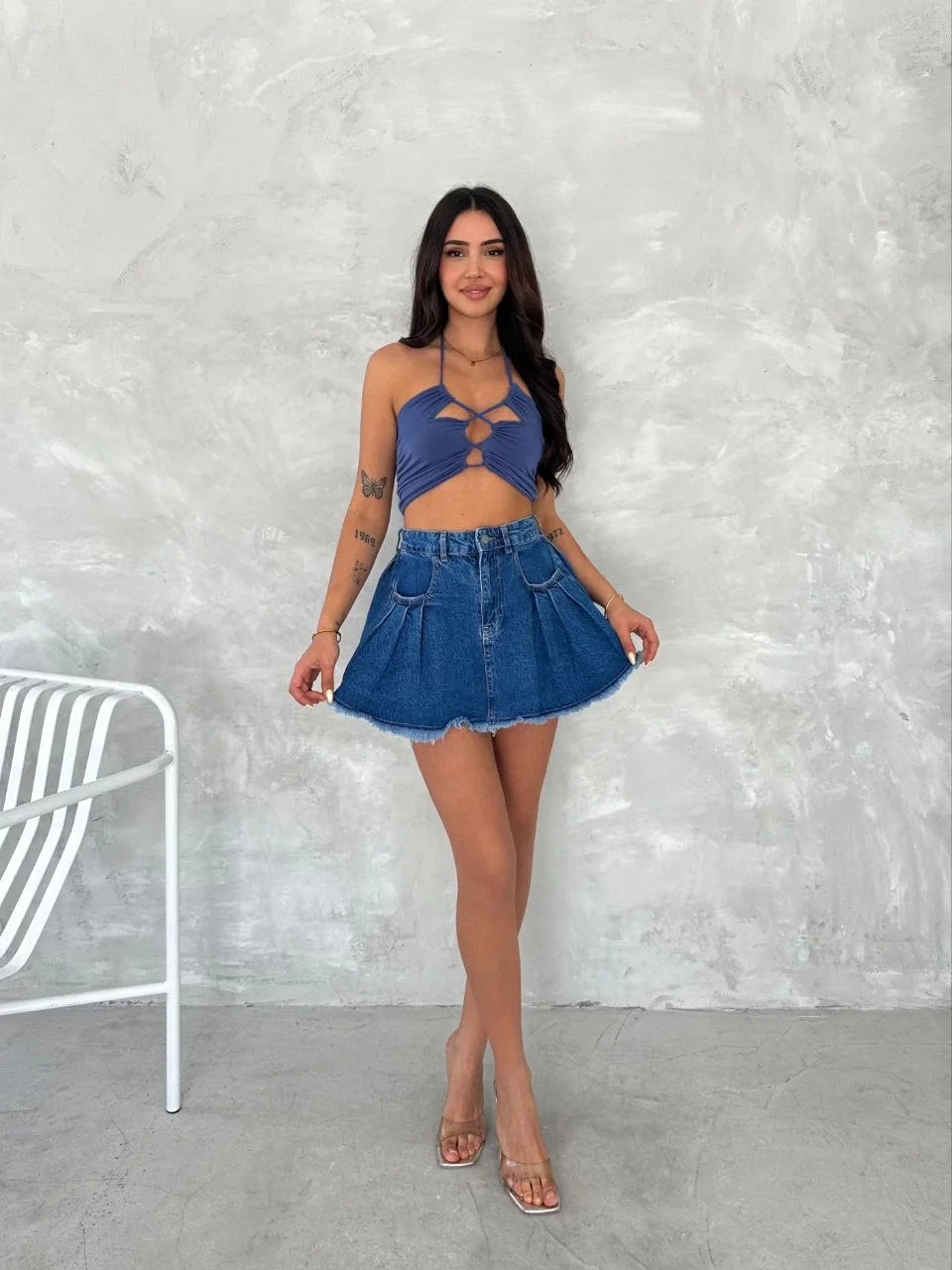 Şık Pileli Yazlık Mini Etekli Kot- Saks Mavisi