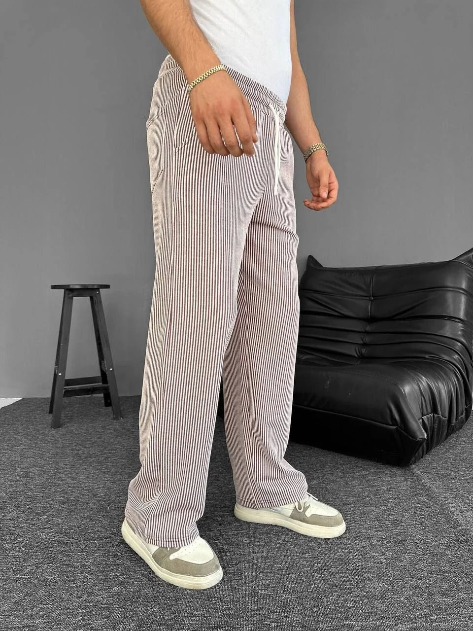 Su Yolu Çizgili Cepli Pantalon Yazlık - Kahverengi