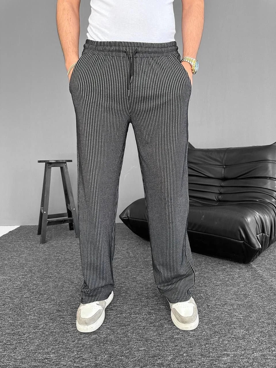 Su Yolu Çizgili Cepli Pantalon - Siyah