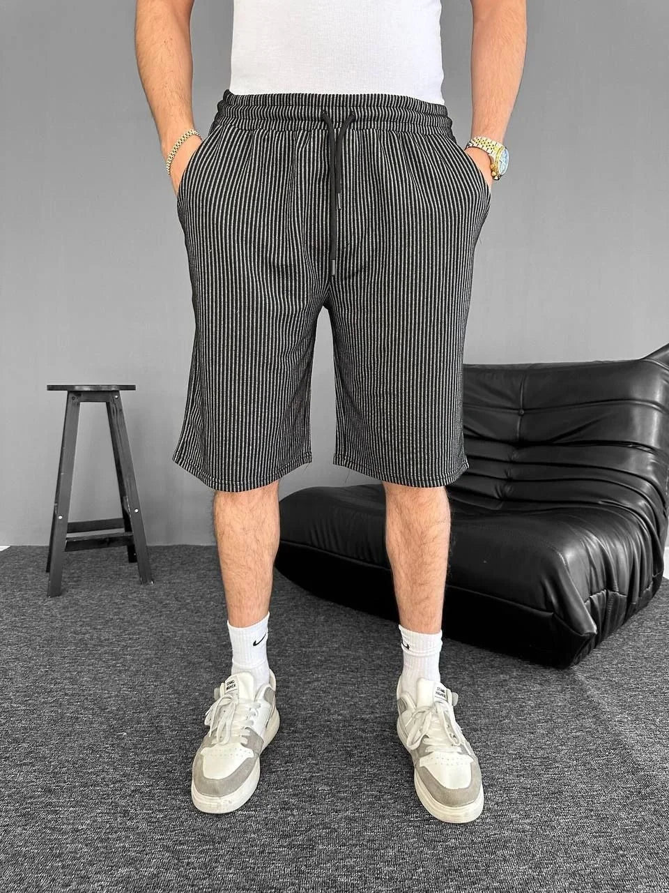 Su Yolu Çizgili Ön Arka Cepli Şort Yazlık Nefes Alabilir - Siyah