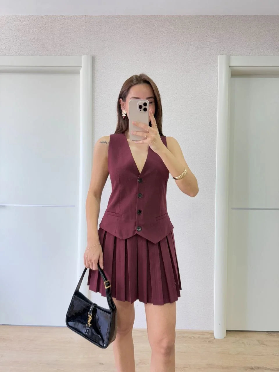 Keten Takım Görünümlü Düğme Detaylı Yelekli Mini Elbise - Bordo