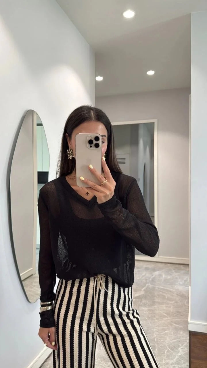 V Yaka uzun Kollu Triko ince Bluz - Siyah