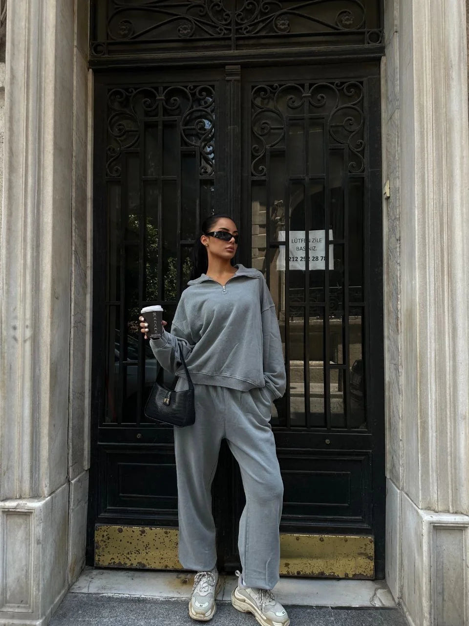 Yıkamalı iki iplik Kumaş Yakalı Fermuarlı Oversize Eşofman Takımı - Gri